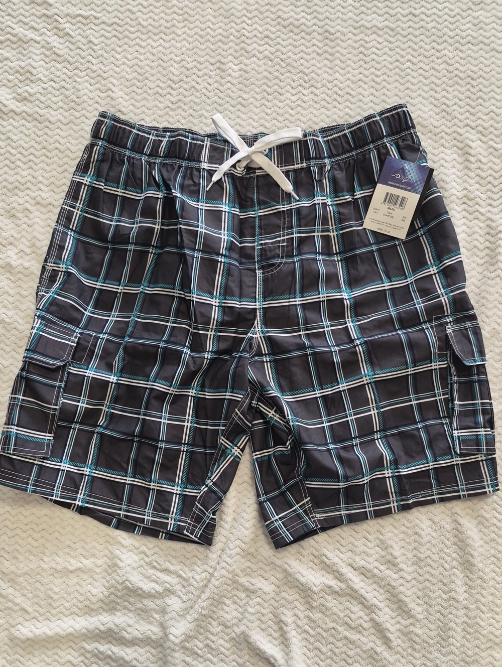 Kanu Surf Black Plaid Swim Shorts with Teal & White Lines